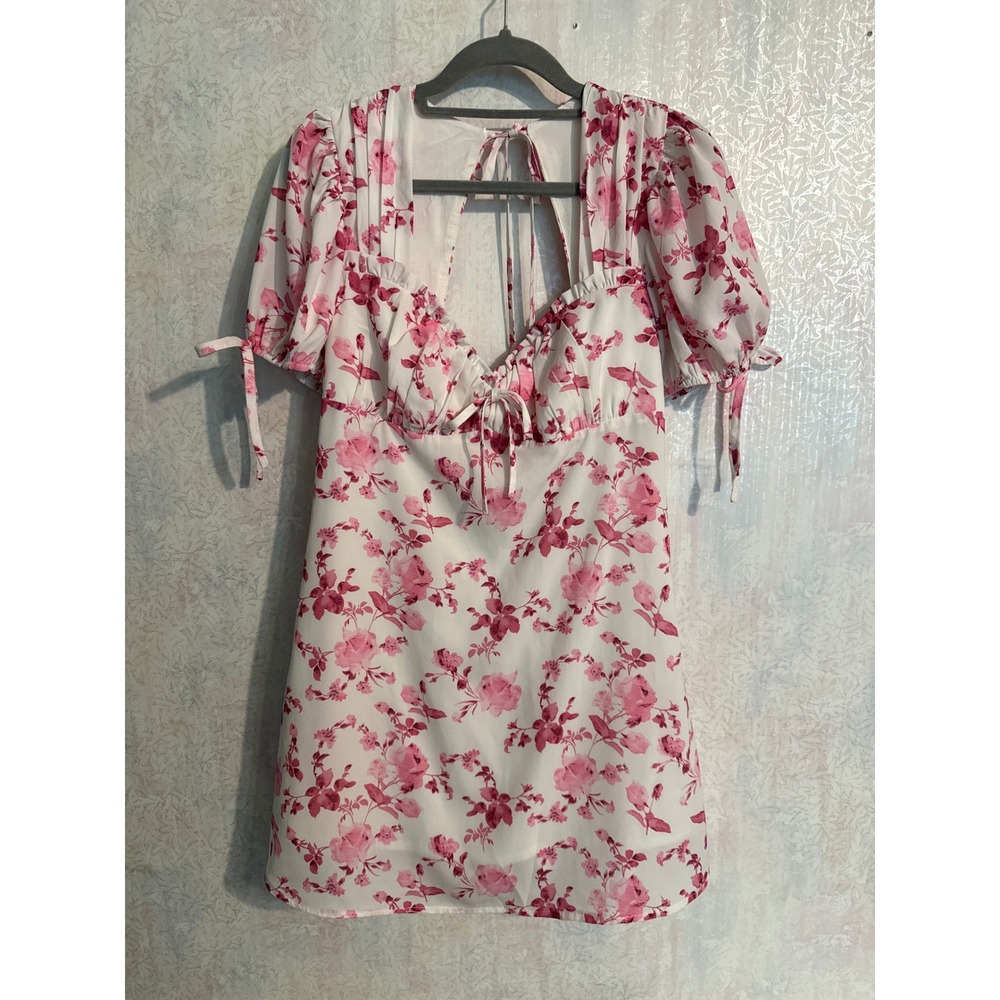 Princess Polly Pink Floral Puff Sleeve Cutout Back Mini Dress US 8